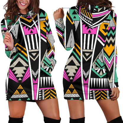 Vintage Tribal Aztec Pattern Print Hoodie Dress GearFrost