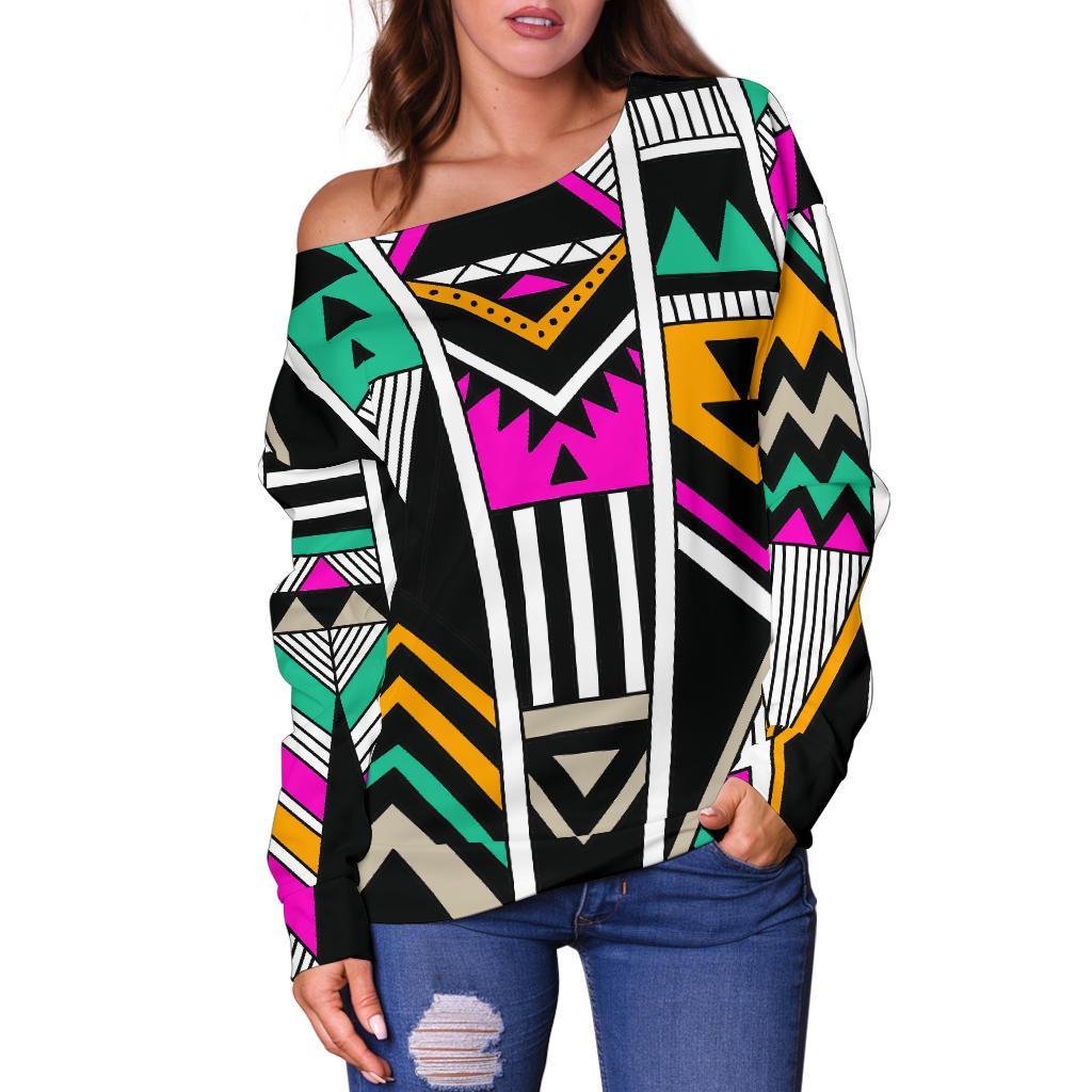 Vintage Tribal Aztec Pattern Print Off Shoulder Sweatshirt GearFrost