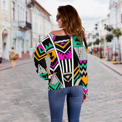 Vintage Tribal Aztec Pattern Print Off Shoulder Sweatshirt GearFrost