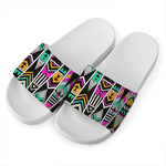 Vintage Tribal Aztec Pattern Print White Slide Sandals