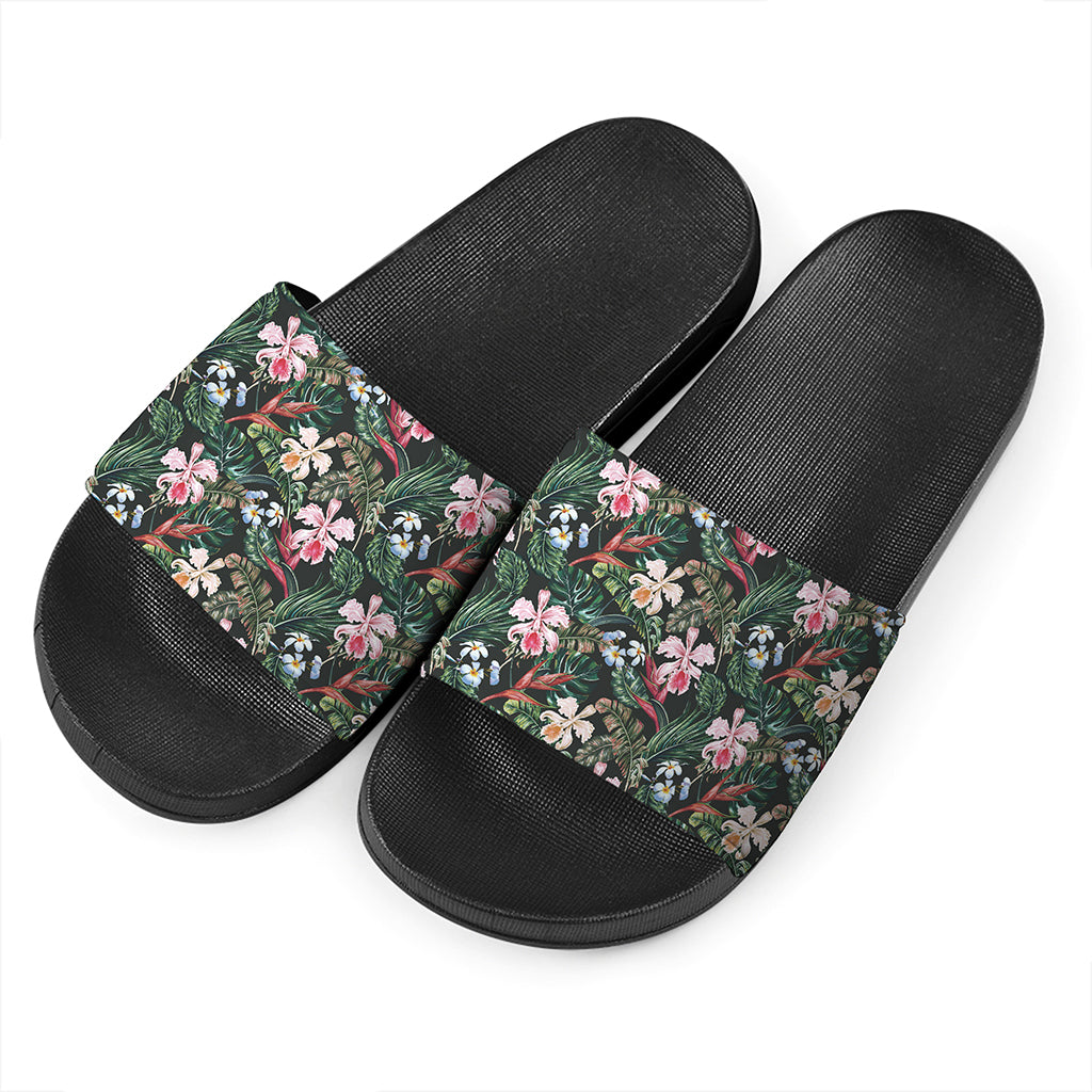 Vintage Tropical Exotic Hawaiian Print Black Slide Sandals