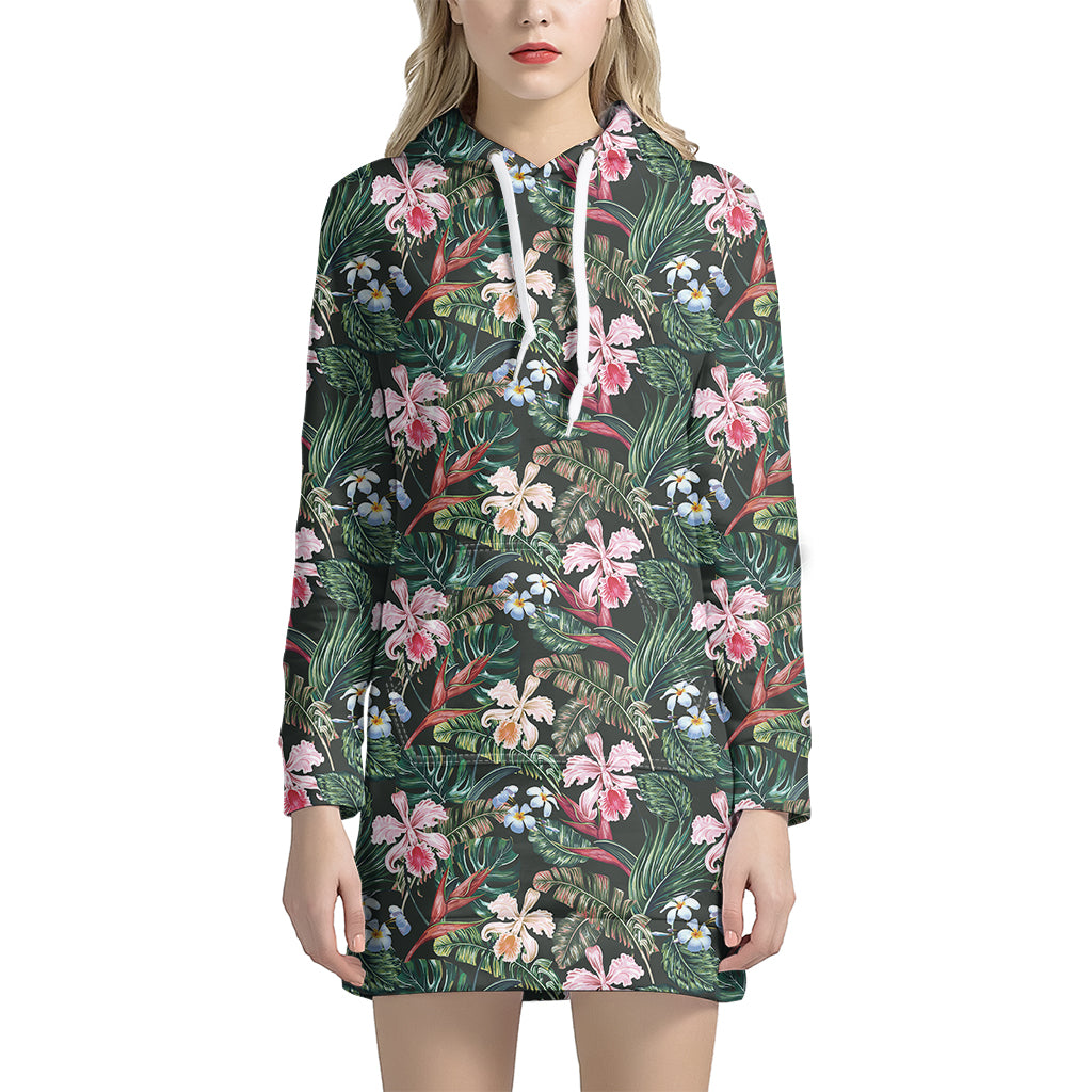 Vintage Tropical Exotic Hawaiian Print Hoodie Dress