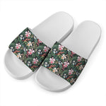 Vintage Tropical Exotic Hawaiian Print White Slide Sandals