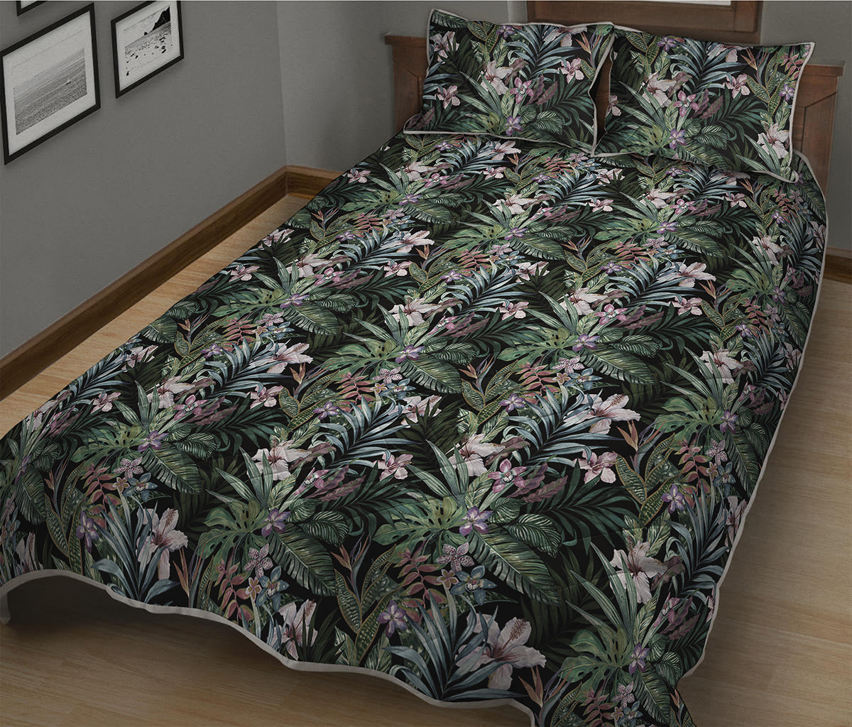 Vintage Tropical Floral Print Quilt Bed Set