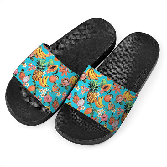 Vintage Tropical Fruits Pattern Print Black Slide Sandals