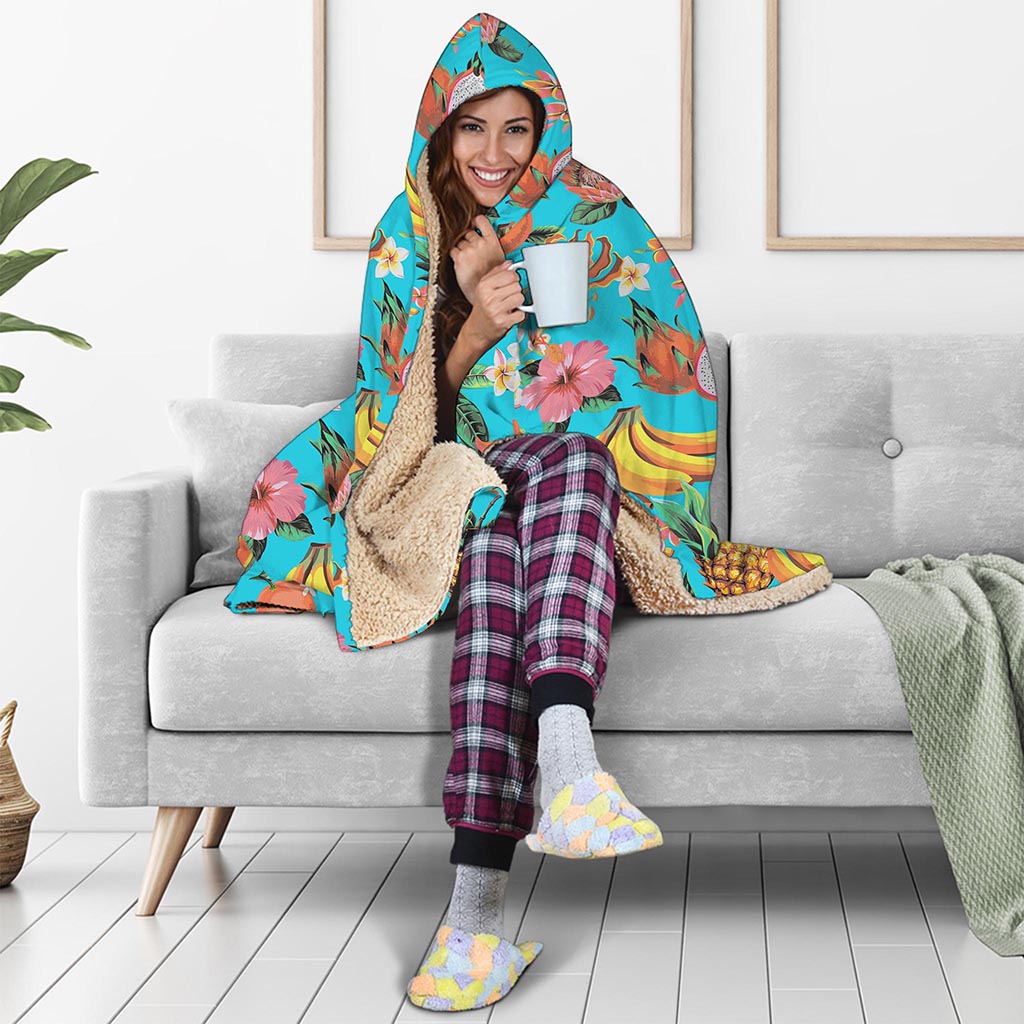Vintage Tropical Fruits Pattern Print Hooded Blanket