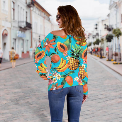Vintage Tropical Fruits Pattern Print Off Shoulder Sweatshirt GearFrost