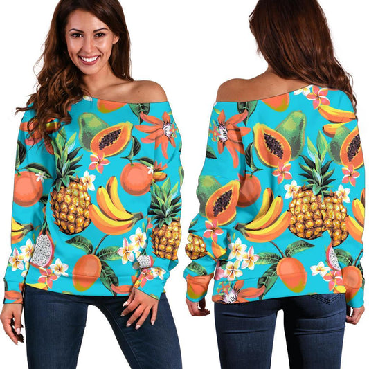 Vintage Tropical Fruits Pattern Print Off Shoulder Sweatshirt GearFrost
