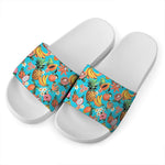 Vintage Tropical Fruits Pattern Print White Slide Sandals