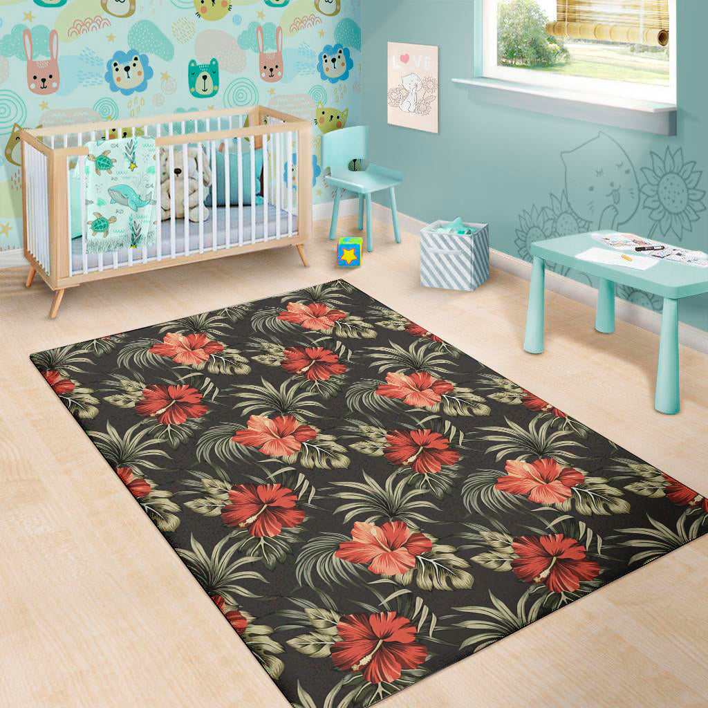 Vintage Tropical Hibiscus Floral Print Area Rug