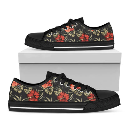 Vintage Tropical Hibiscus Floral Print Black Low Top Shoes