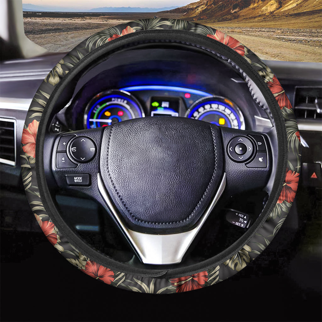 Vintage Tropical Hibiscus Floral Print Car Steering Wheel Cover