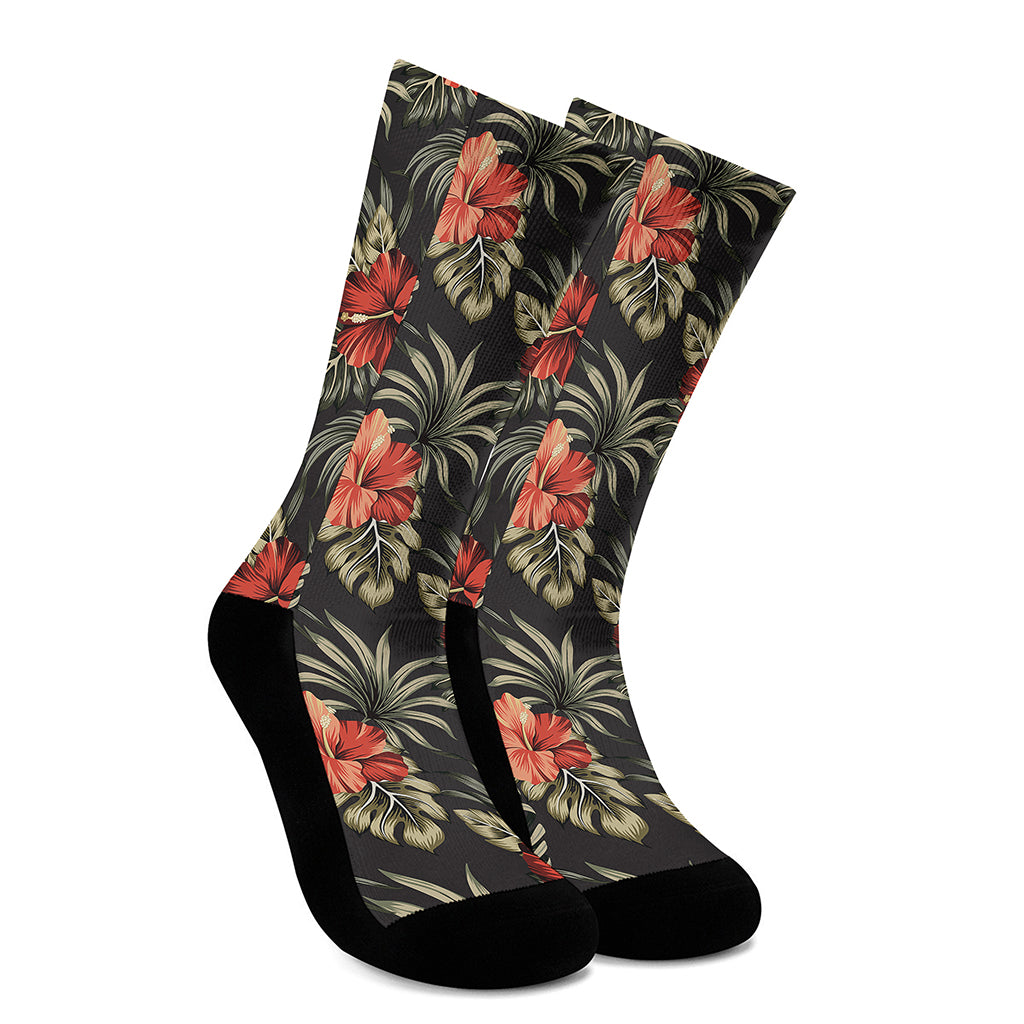Vintage Tropical Hibiscus Floral Print Crew Socks