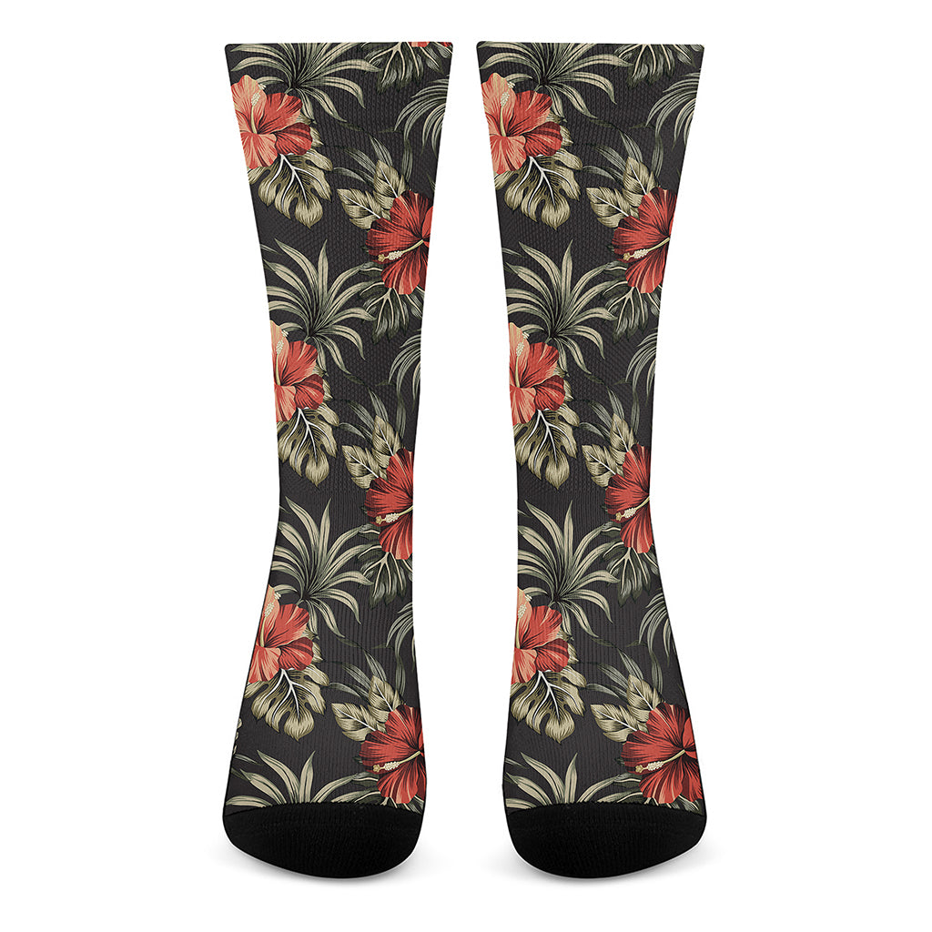 Vintage Tropical Hibiscus Floral Print Crew Socks