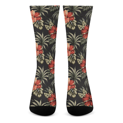 Vintage Tropical Hibiscus Floral Print Crew Socks