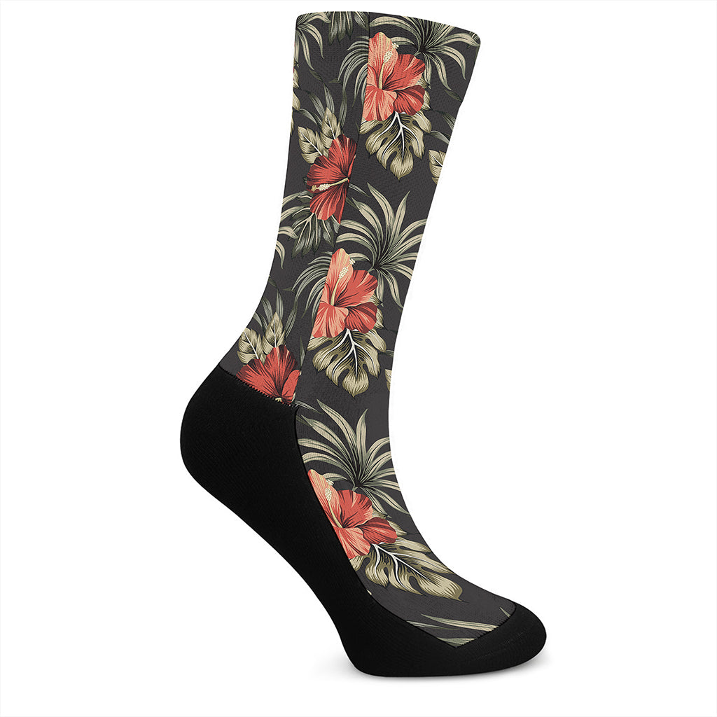 Vintage Tropical Hibiscus Floral Print Crew Socks