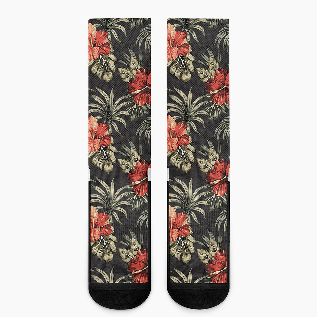 Vintage Tropical Hibiscus Floral Print Crew Socks