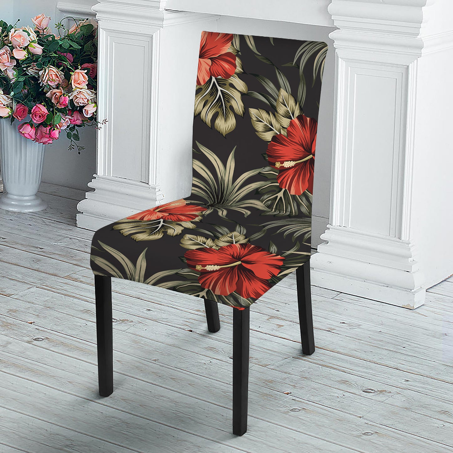 Vintage Tropical Hibiscus Floral Print Dining Chair Slipcover