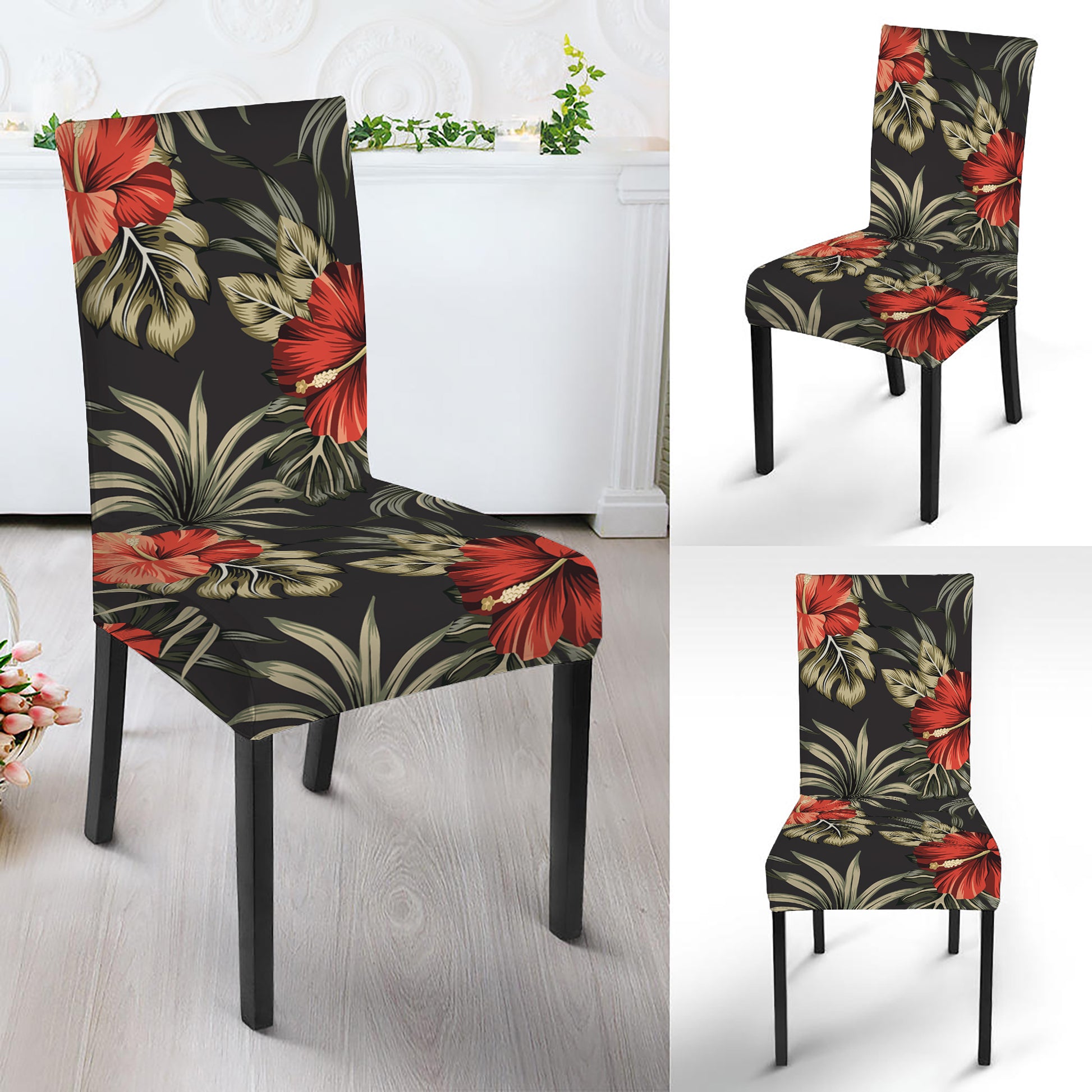 Vintage Tropical Hibiscus Floral Print Dining Chair Slipcover