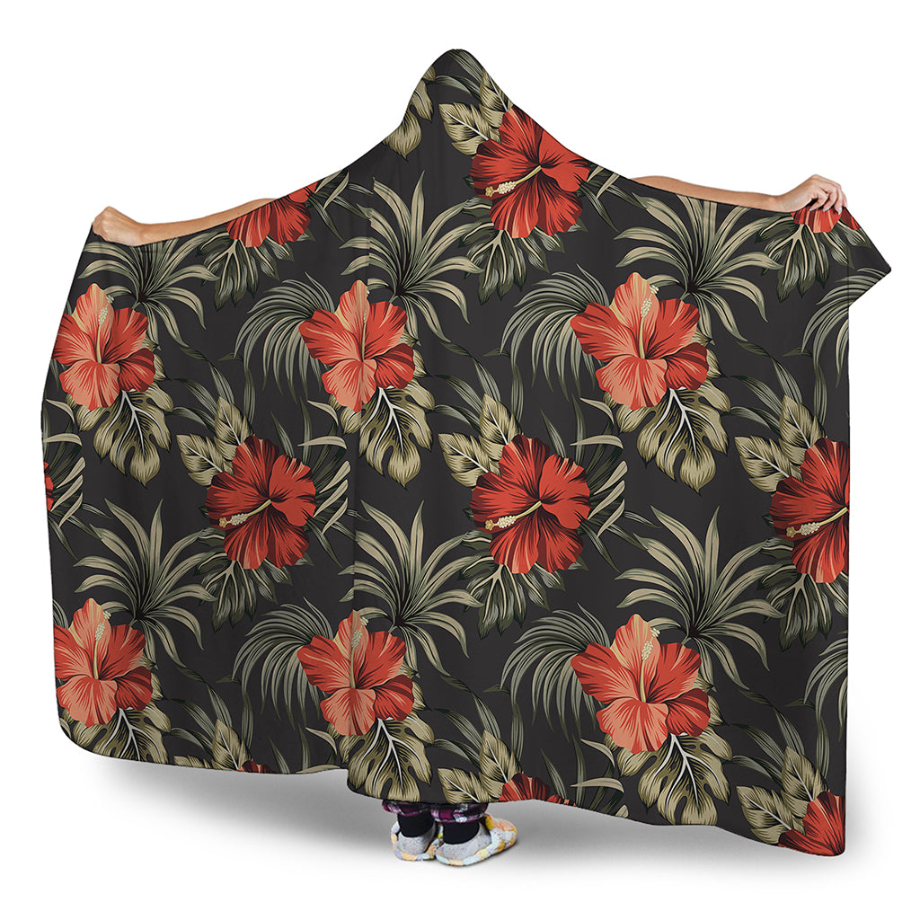 Vintage Tropical Hibiscus Floral Print Hooded Blanket