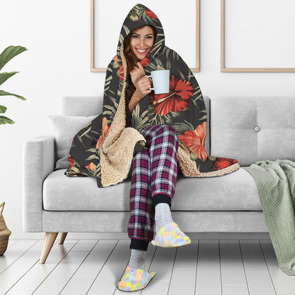 Vintage Tropical Hibiscus Floral Print Hooded Blanket