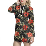 Vintage Tropical Hibiscus Floral Print Hoodie Dress