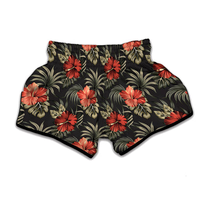 Vintage Tropical Hibiscus Floral Print Muay Thai Boxing Shorts