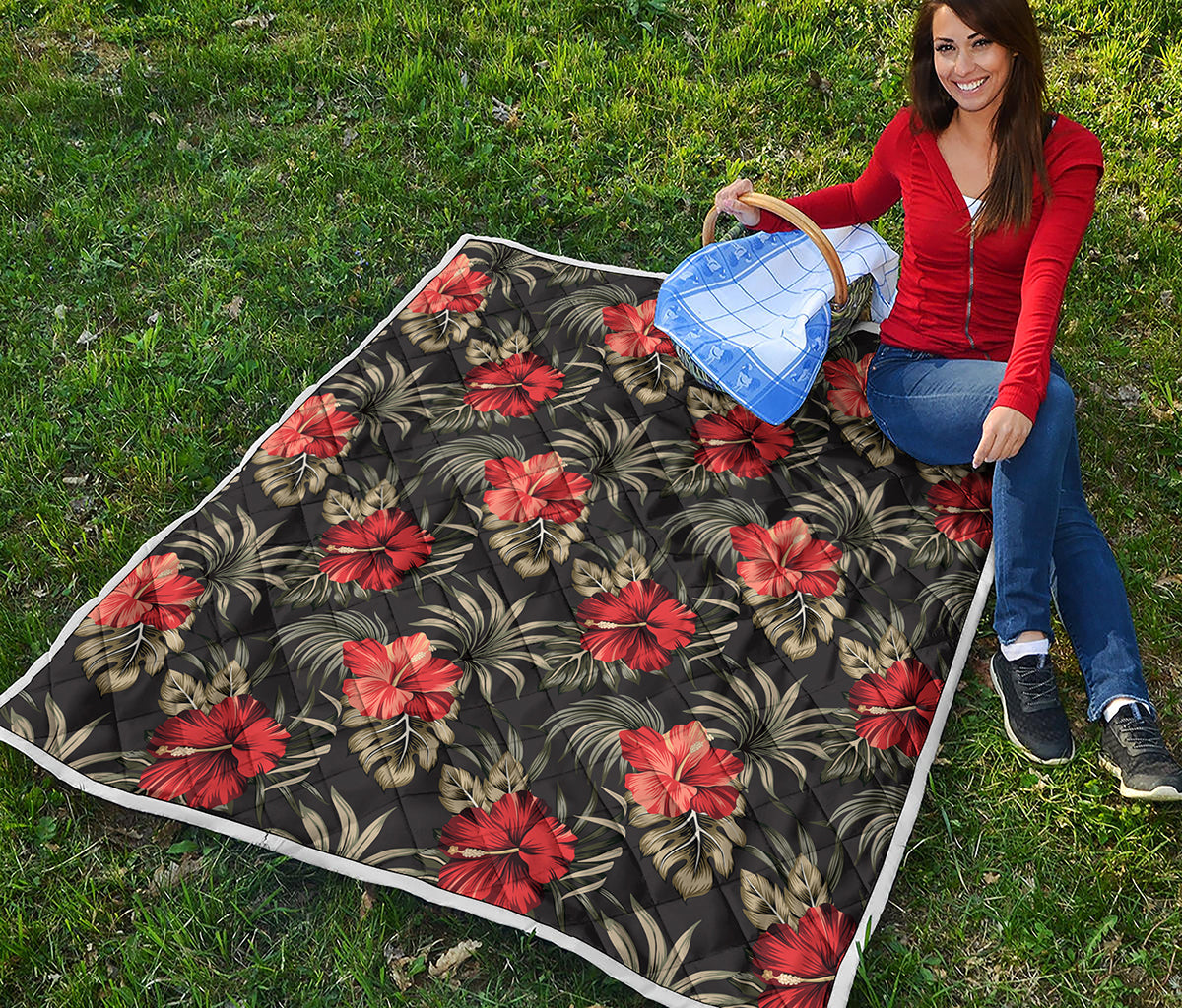Vintage Tropical Hibiscus Floral Print Quilt