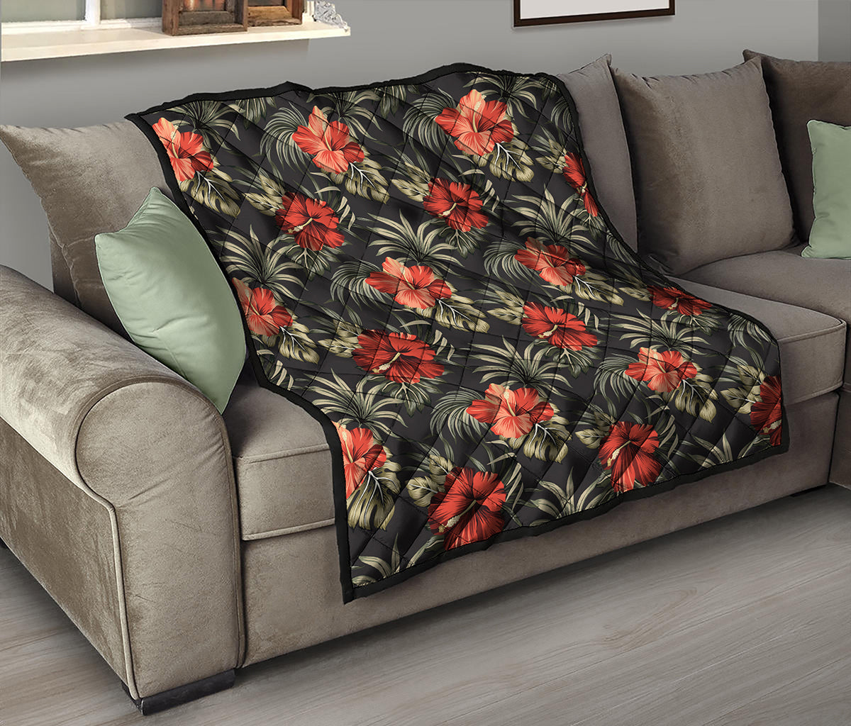 Vintage Tropical Hibiscus Floral Print Quilt