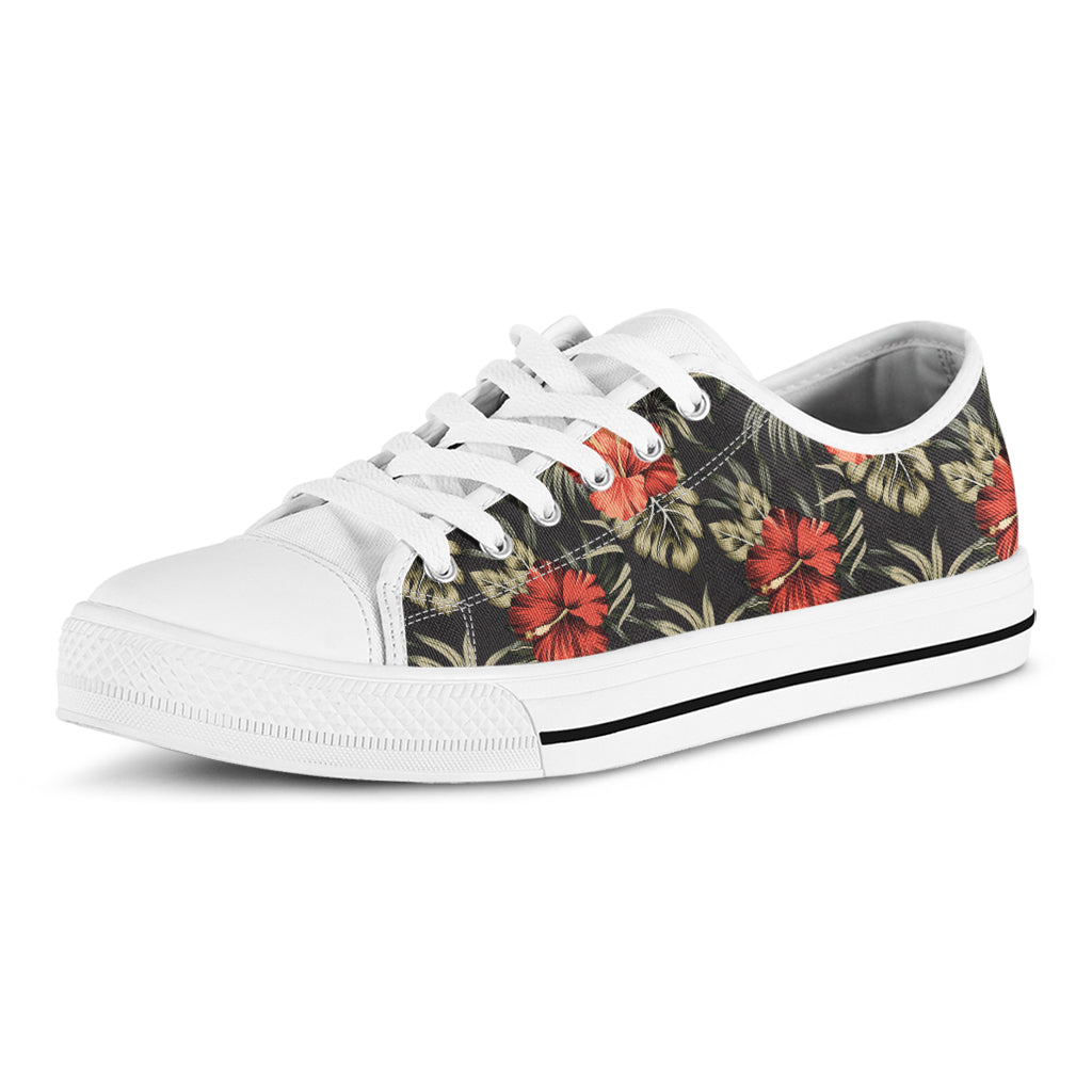 Vintage Tropical Hibiscus Floral Print White Low Top Shoes