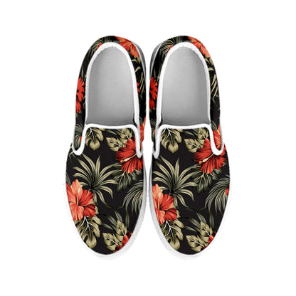 Vintage Tropical Hibiscus Floral Print White Slip On Shoes
