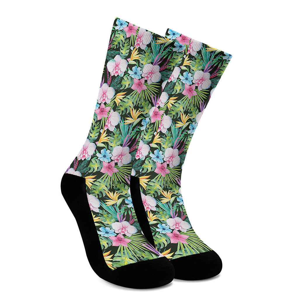 Vintage Tropical Jungle Hawaiian Print Crew Socks