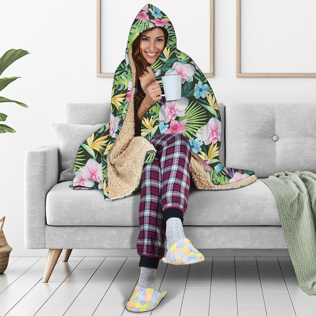 Vintage Tropical Jungle Hawaiian Print Hooded Blanket