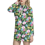 Vintage Tropical Jungle Hawaiian Print Pullover Hoodie Dress