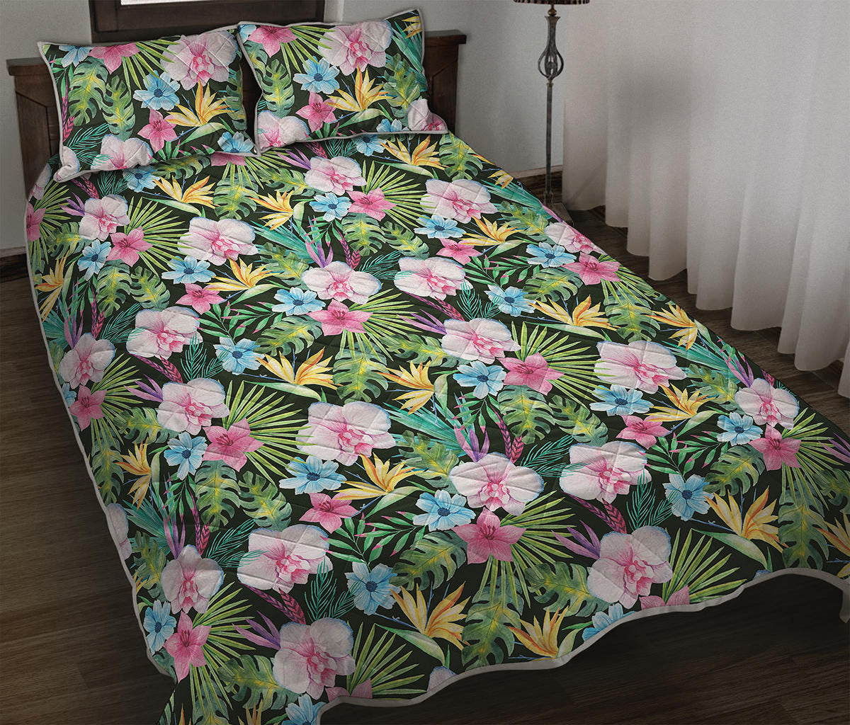 Vintage Tropical Jungle Hawaiian Print Quilt Bed Set