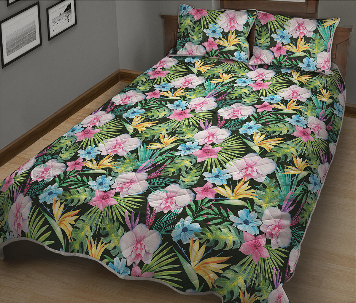 Vintage Tropical Jungle Hawaiian Print Quilt Bed Set