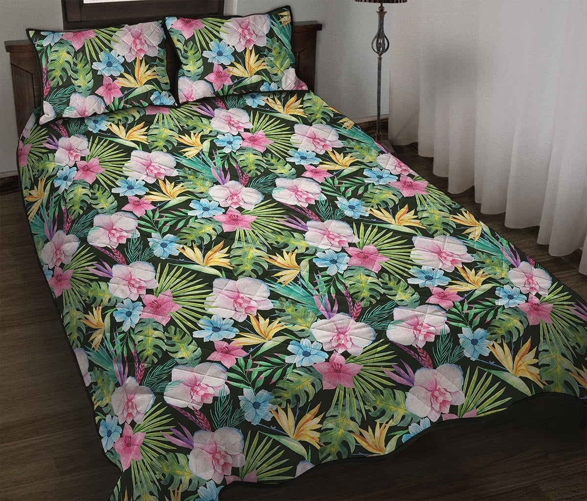 Vintage Tropical Jungle Hawaiian Print Quilt Bed Set