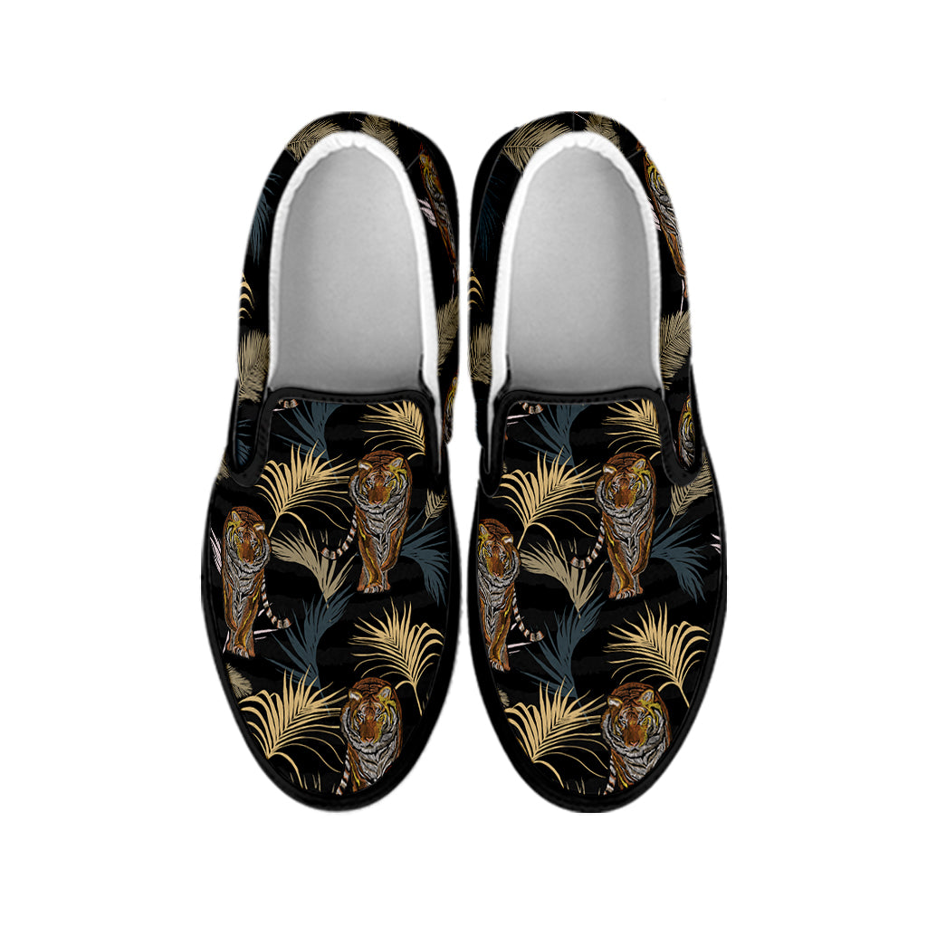 Vintage Tropical Tiger Pattern Print Black Slip On Shoes