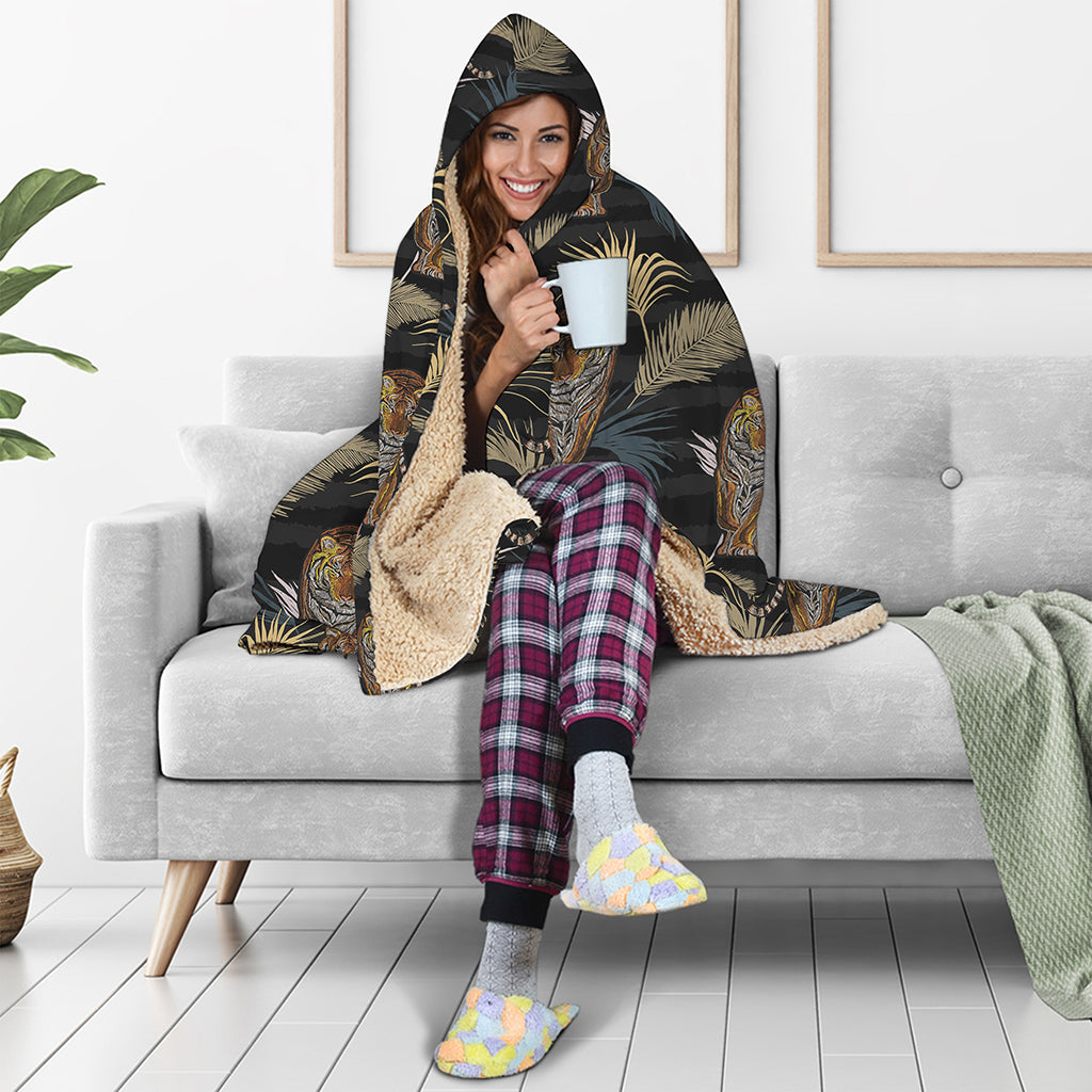 Vintage Tropical Tiger Pattern Print Hooded Blanket