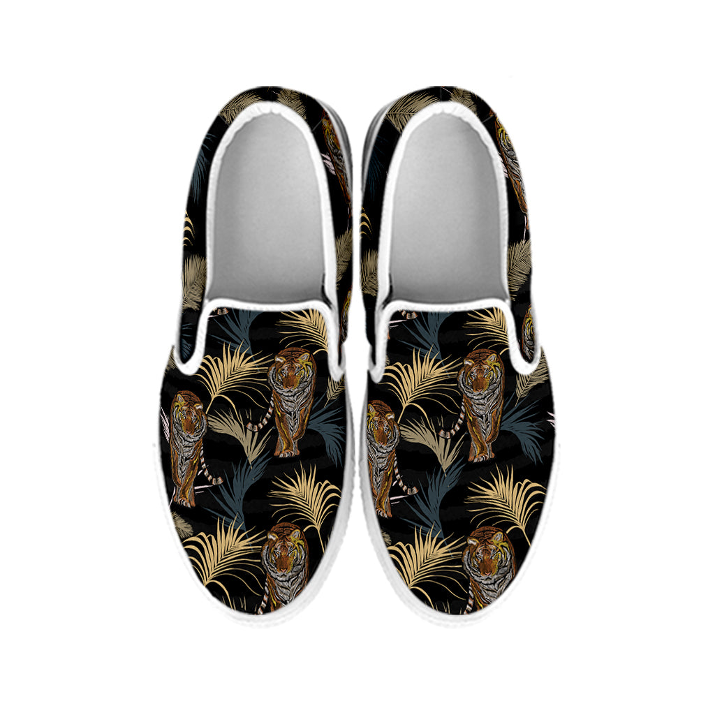 Vintage Tropical Tiger Pattern Print White Slip On Shoes