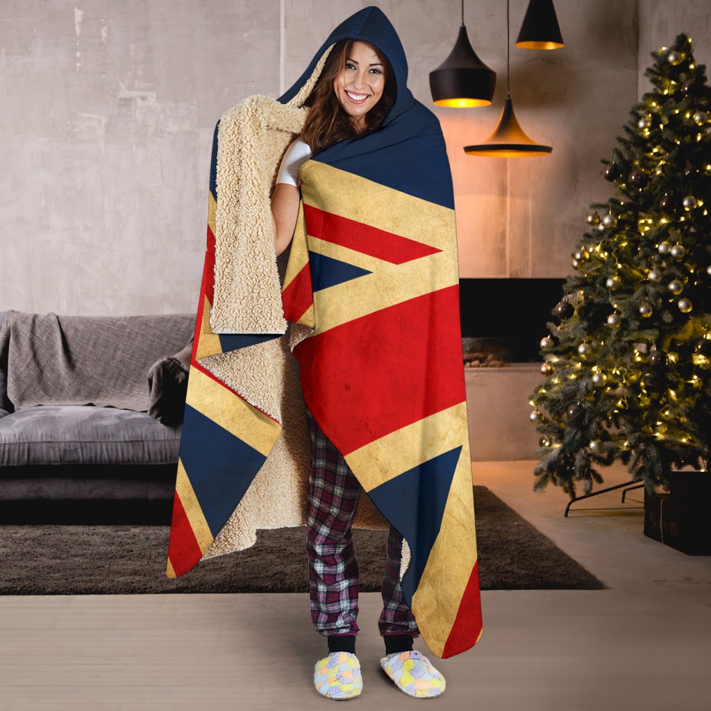 Vintage Union Jack British Flag Print Hooded Blanket GearFrost