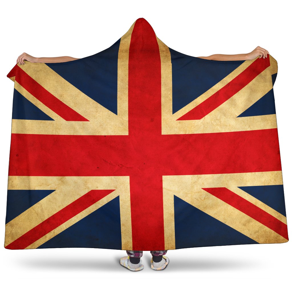 Vintage Union Jack British Flag Print Hooded Blanket GearFrost