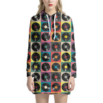 Vintage Vinyl Records Pattern Print Hoodie Dress