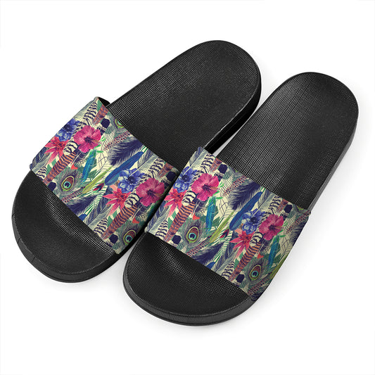 Vintage Watercolor Feather Print Black Slide Sandals