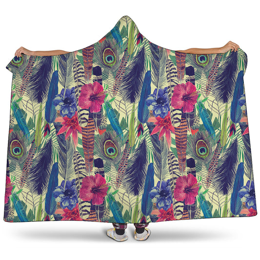 Vintage Watercolor Feather Print Hooded Blanket