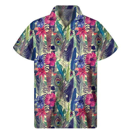 Vintage Watercolor Feather Print Men's Short Sleeve Shirt
