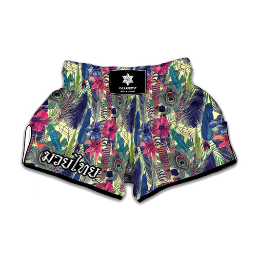 Vintage Watercolor Feather Print Muay Thai Boxing Shorts