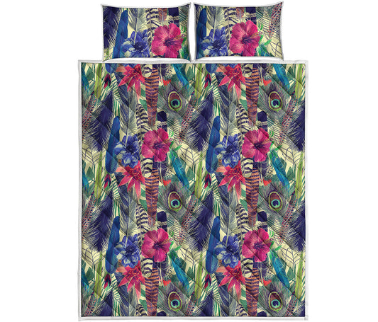 Vintage Watercolor Feather Print Quilt Bed Set