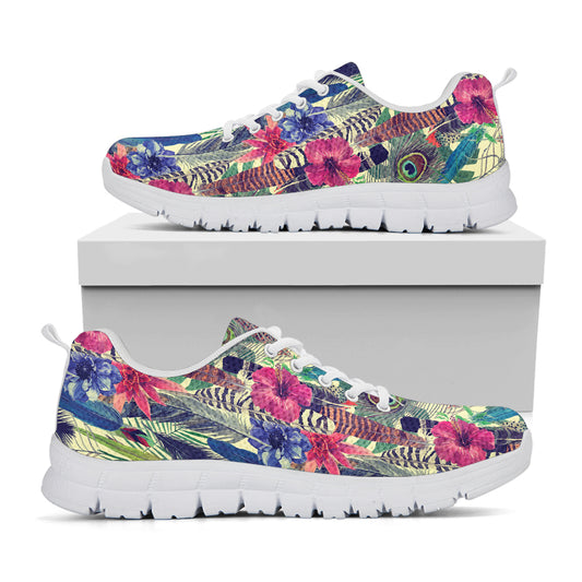 Vintage Watercolor Feather Print White Sneakers
