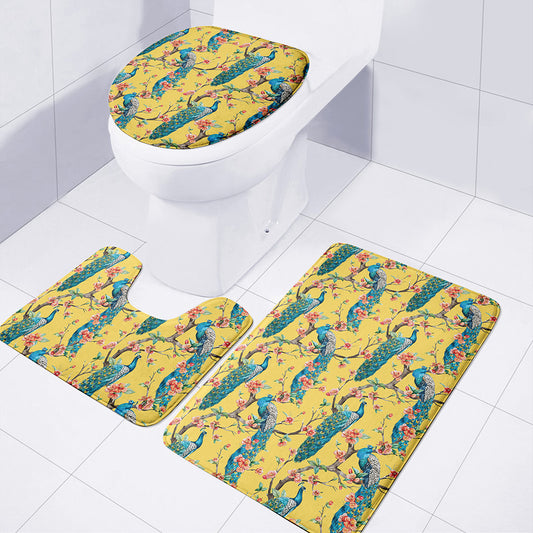 Vintage Watercolor Peacock Print 3 Piece Bath Mat Set
